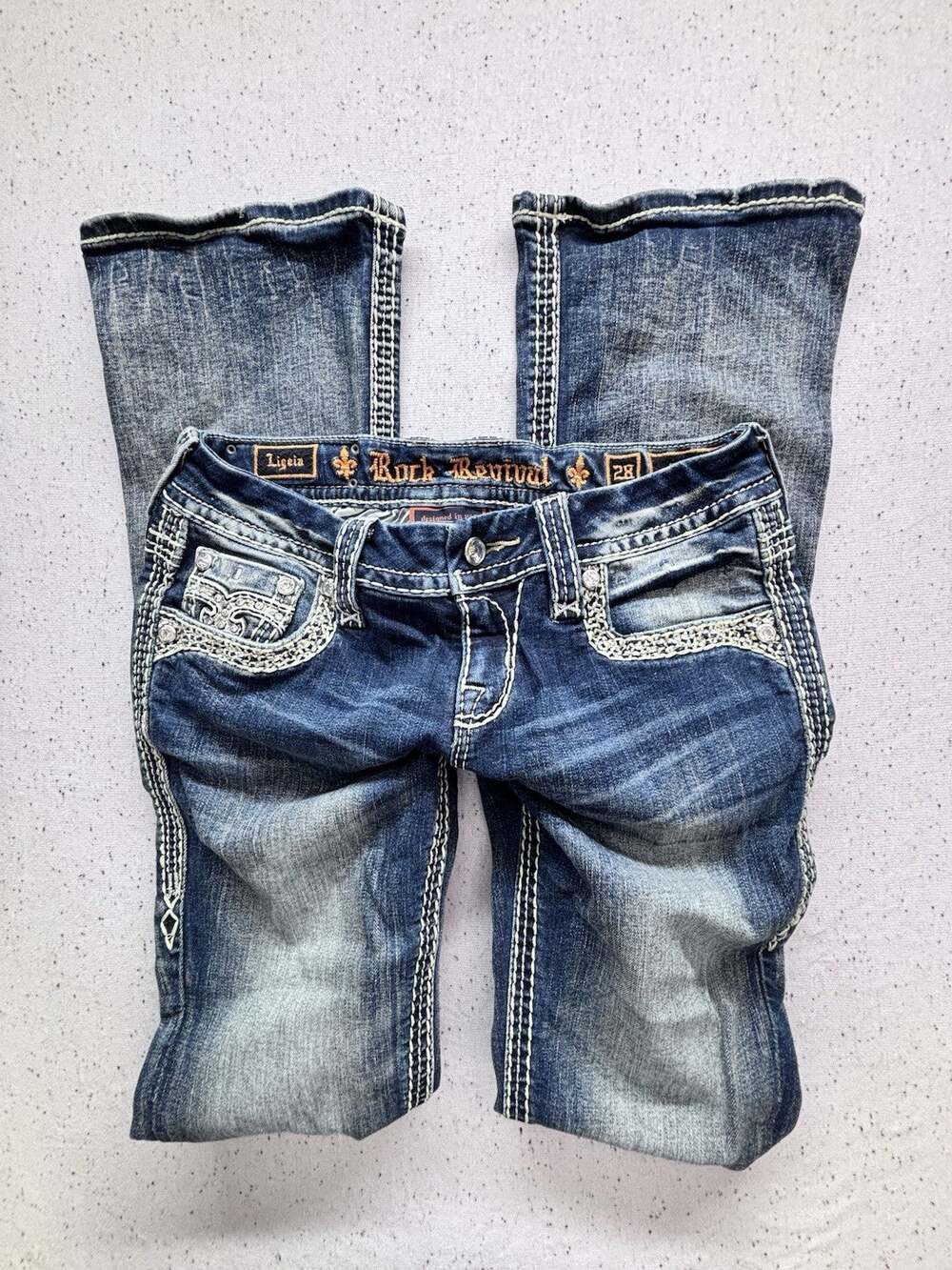 Rock Revival Ligeia Bootcut Jeans Women 28x32 Bling Flap Pocket Thick Stitch Y2K